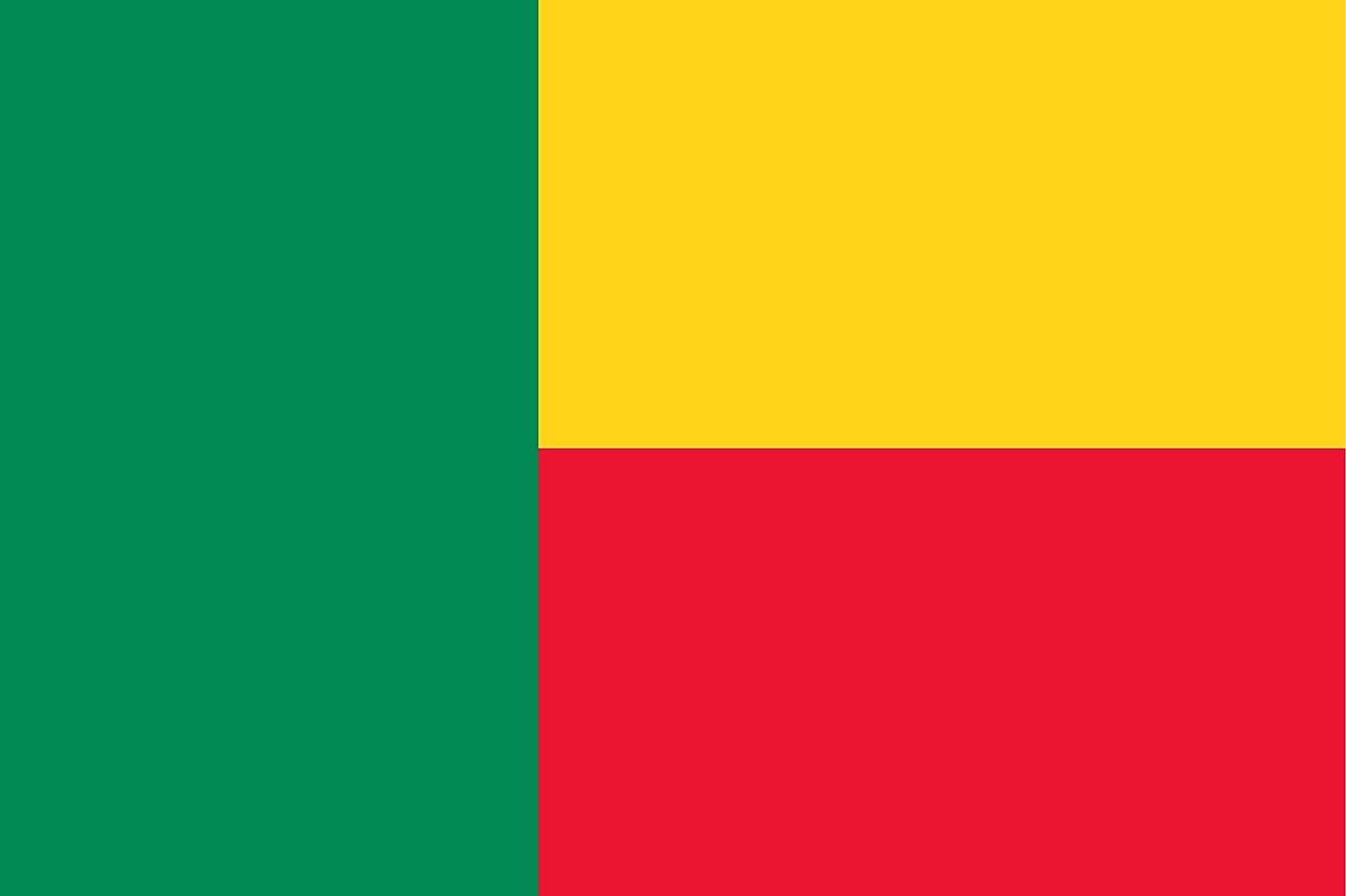 The National Flag of Benin featuring two equal horizontal bands of yellow and red on the right side and a vertical green band on the hoist side.