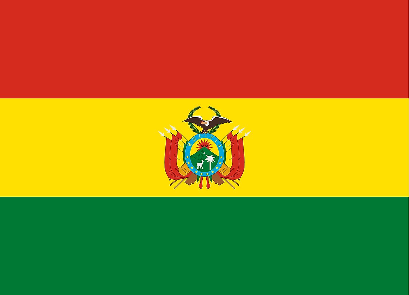 The National Flag of Bolivia with horizontally striped red-yellow-green bands, with the Bolivian Coat of Arms in the central yellow band
