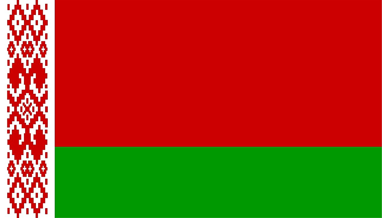 The National Flag of Belarus is rectangular and features a red horizontal band (top) and a green horizontal band with a vertical white-red national ornamentation.