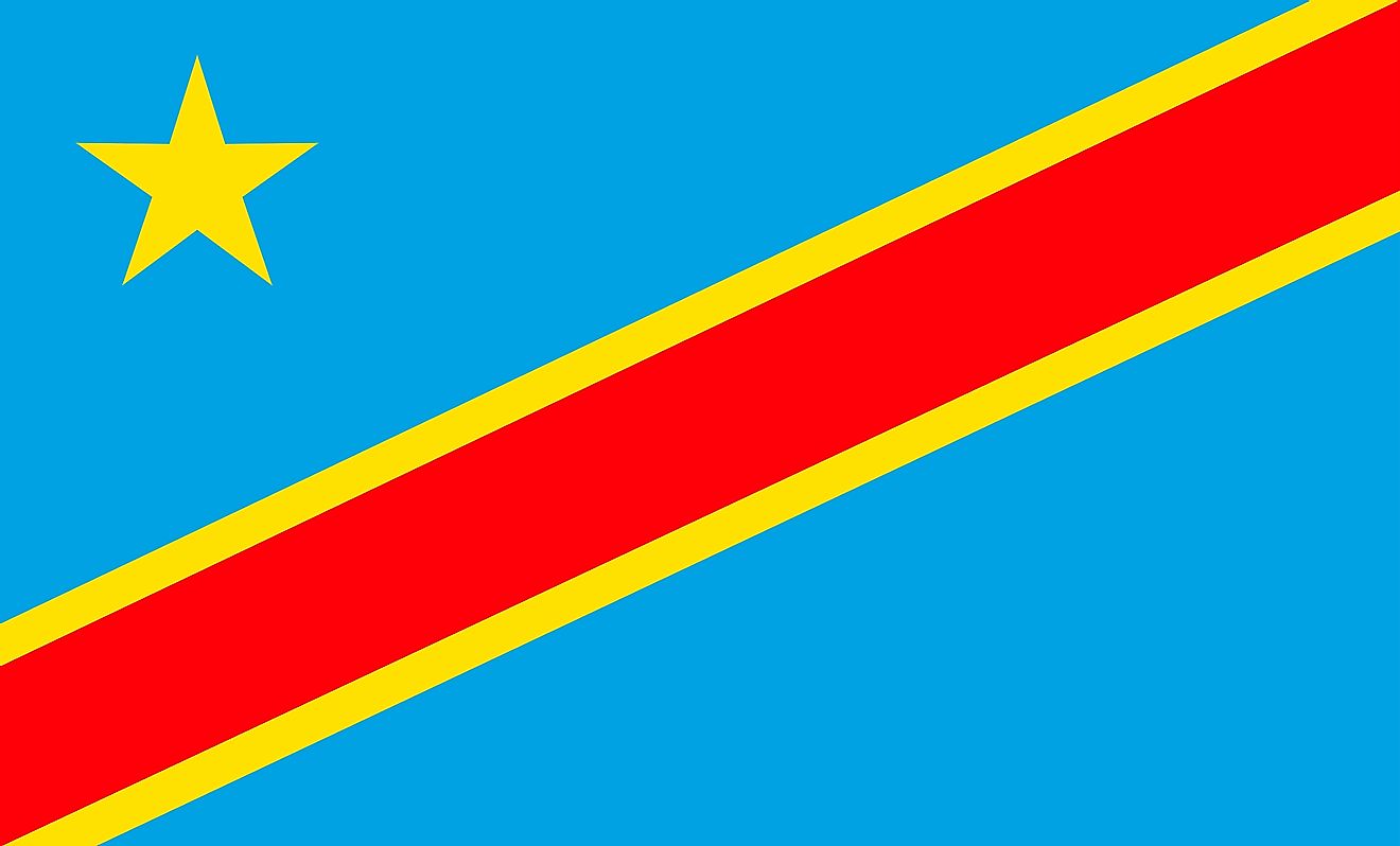 The National Flag of the Democratic Republic of Congo features a sky-blue background with a diagonally divided red stripe bordered by two narrow yellow stripes. 