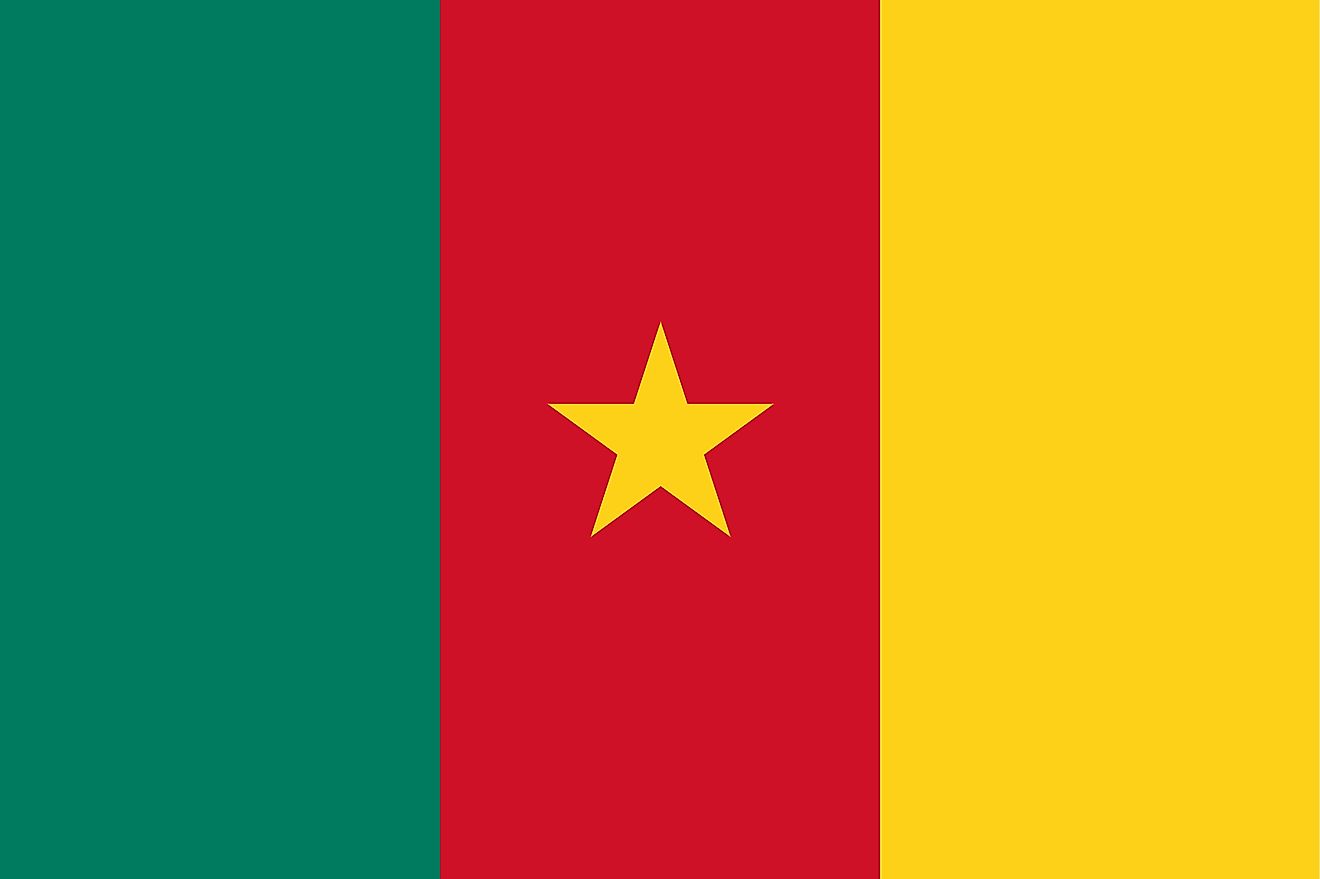 The National Flag of Cameroon is a vertical tricolor featuring three equal vertical bands of green (hoist side), red, and yellow and a five-pointed star in the central red band