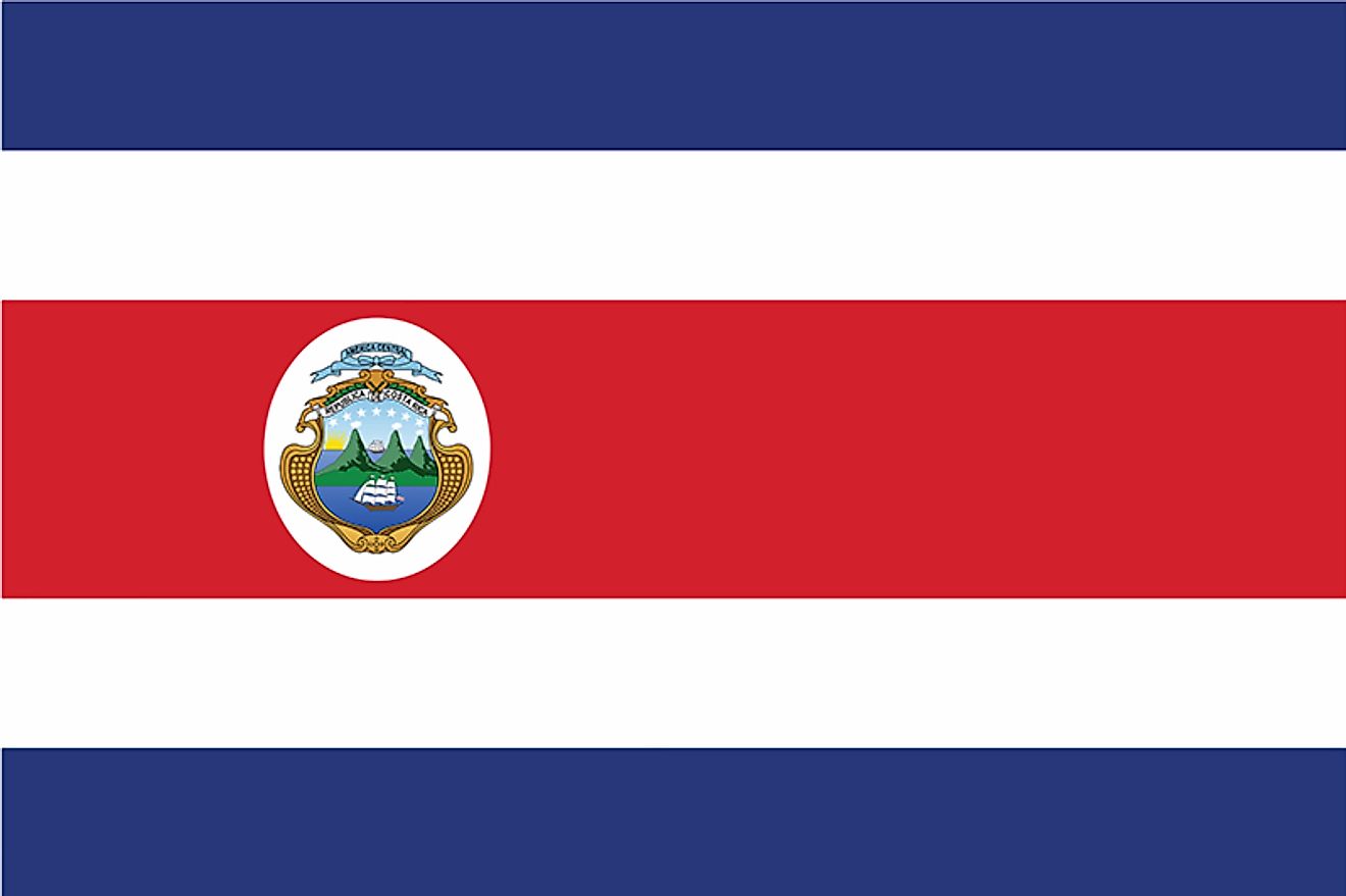 The National flag of Costa Rica is designed as a horizontal rectangle and features five horizontal bands of blue, white, and red. 