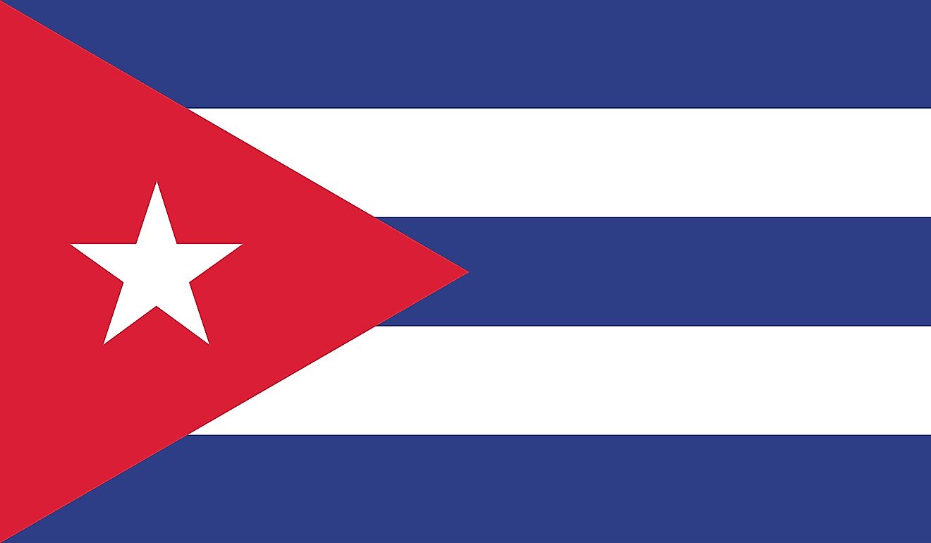 The National Flag of Cuba features three equal horizontal bands of blue (top, center, and bottom) alternating with two white bands.