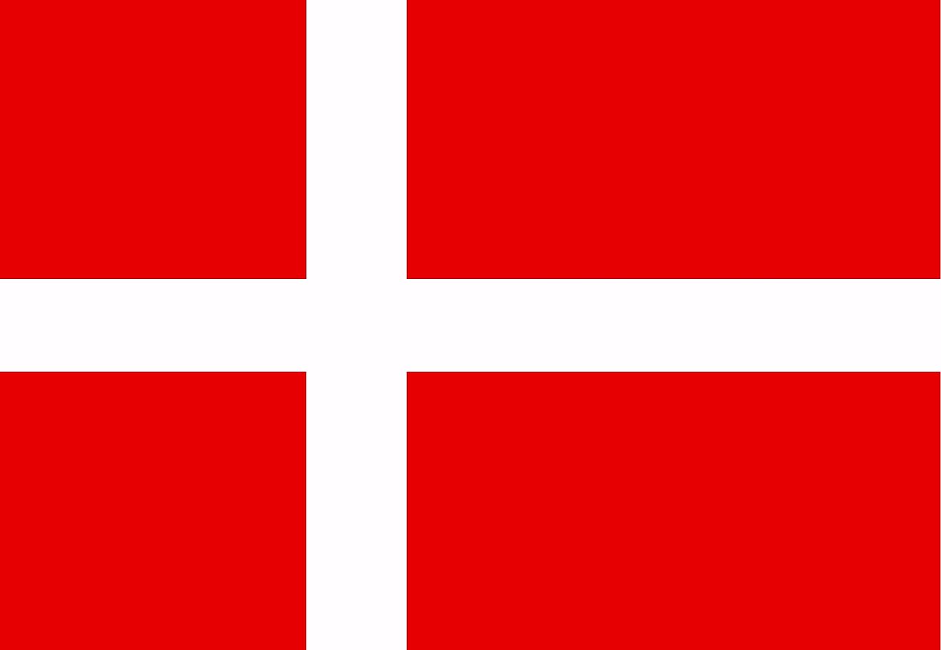The National Flag of Denmark features a solid red field with a white Scandinavian cross that extends to the edges of the flag.