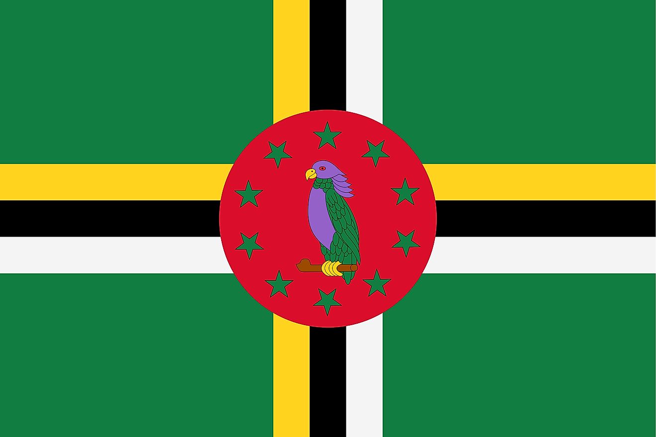 The National Flag of Dominica features a green banner with a centered cross stretching to the edges of the flag