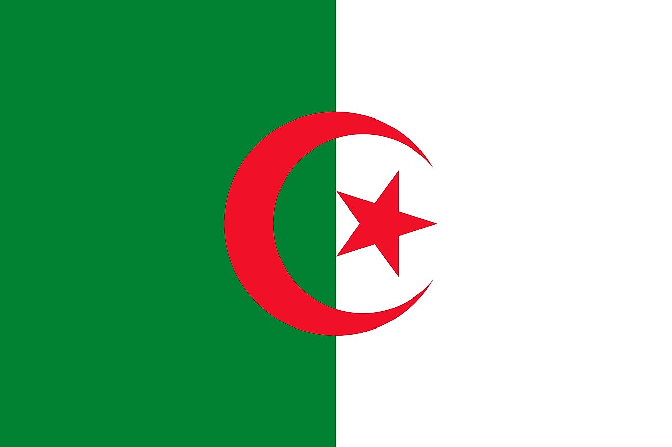 The National Flag of Algeria features two equal vertical bands of green (hoist side) and white, with a red star and a crescent at the two-color boundary