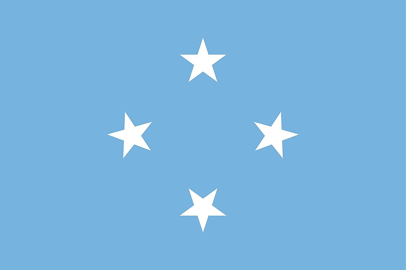 The National Flag of Micronesia features a light blue background with four white five-pointed stars positioned at the center and arranged in a diamond pattern.