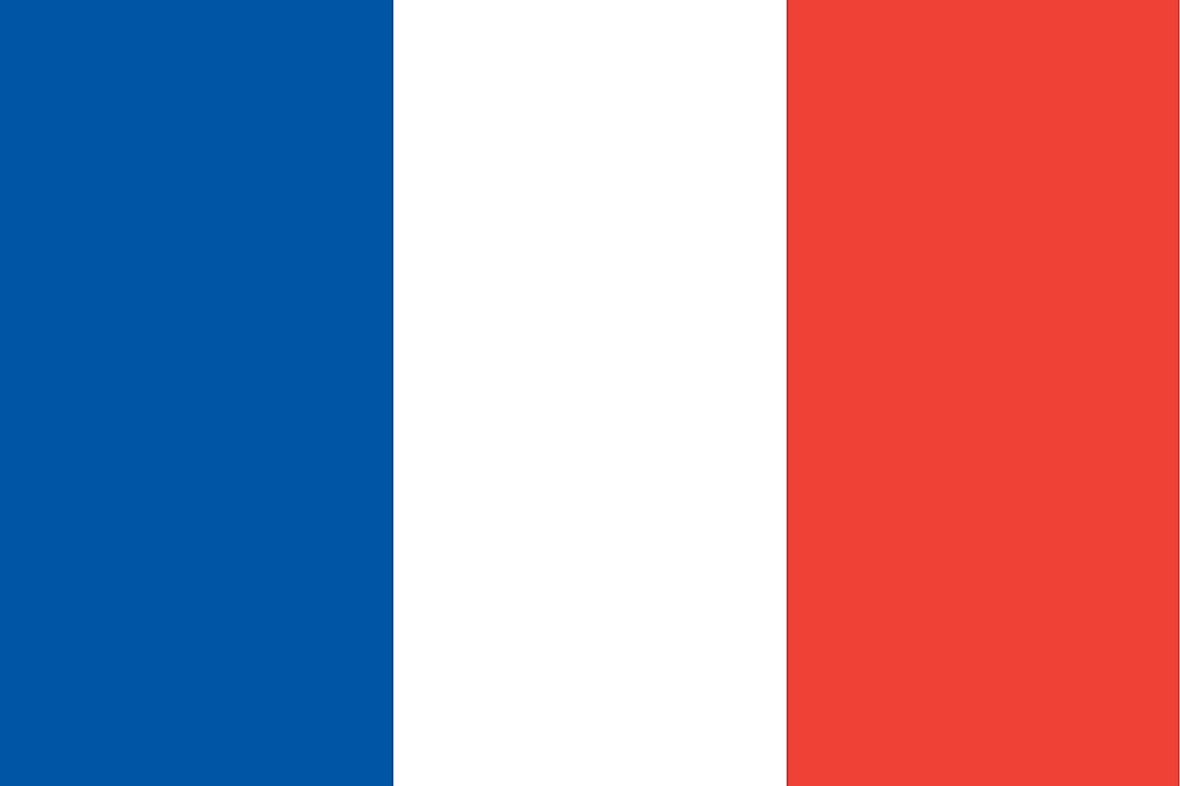 The tricolor flag of France with three vertical bands of blue, white, and red.