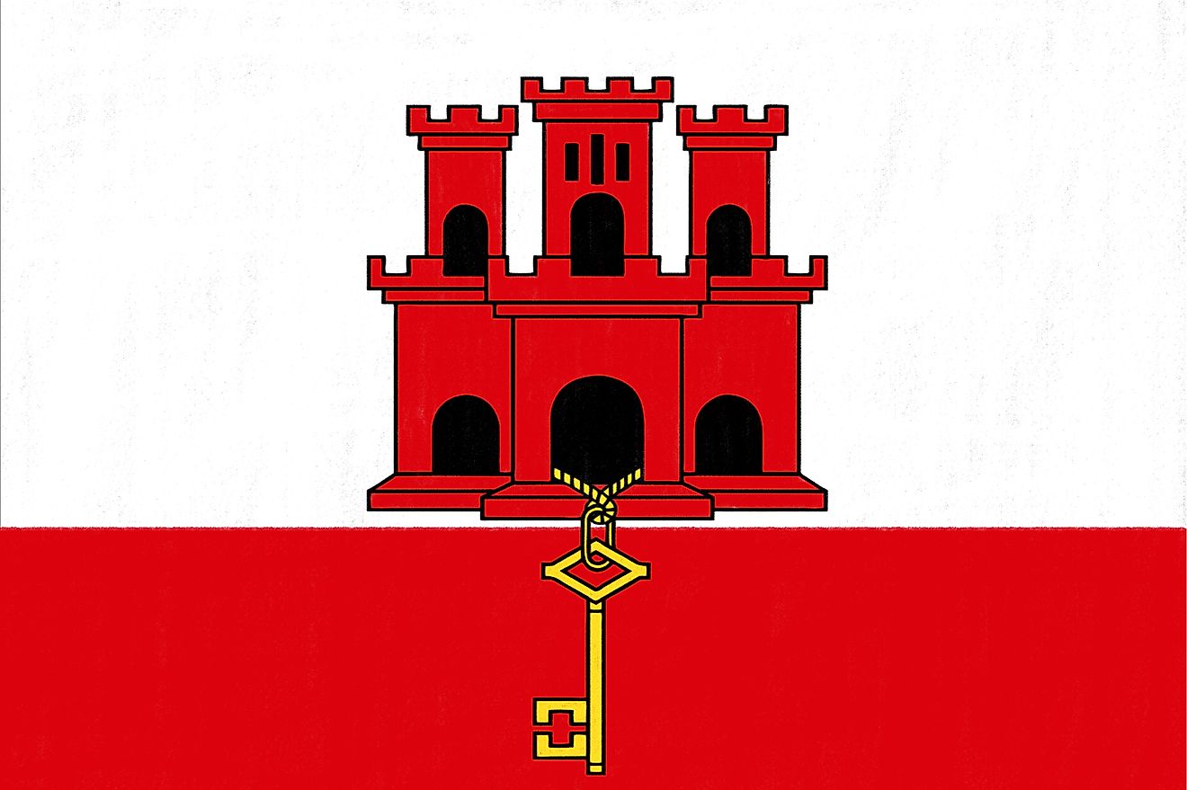 The Flag of Gibraltar features two horizontal bands of white (top, double width) and red with a three-towered red castle in the center of the white band.