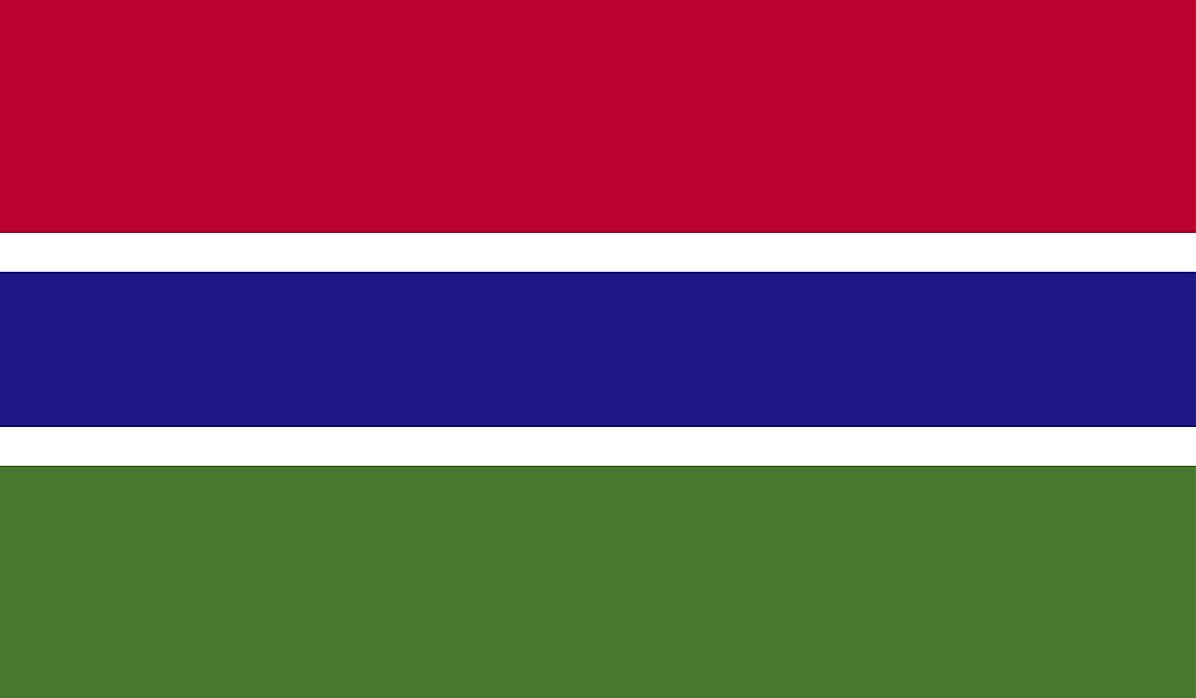 Flag of The Gambia features three horizontal bands of red (top), blue, and green, separated two thin white bands. 
