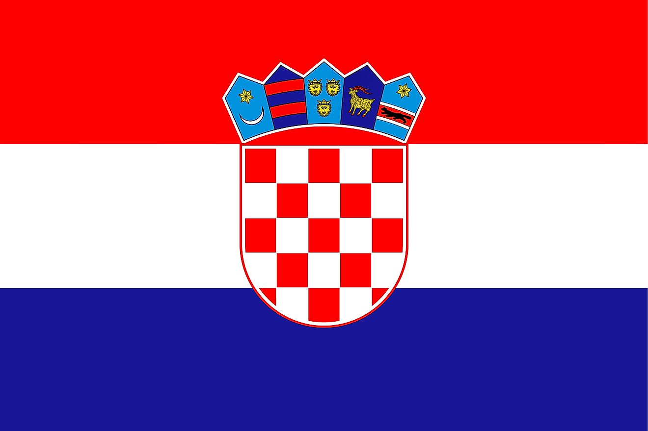 The flag of Croatia is a tricolor flag of three horizontal bands of red (top), white, and blue with the Coat of Arms at the center