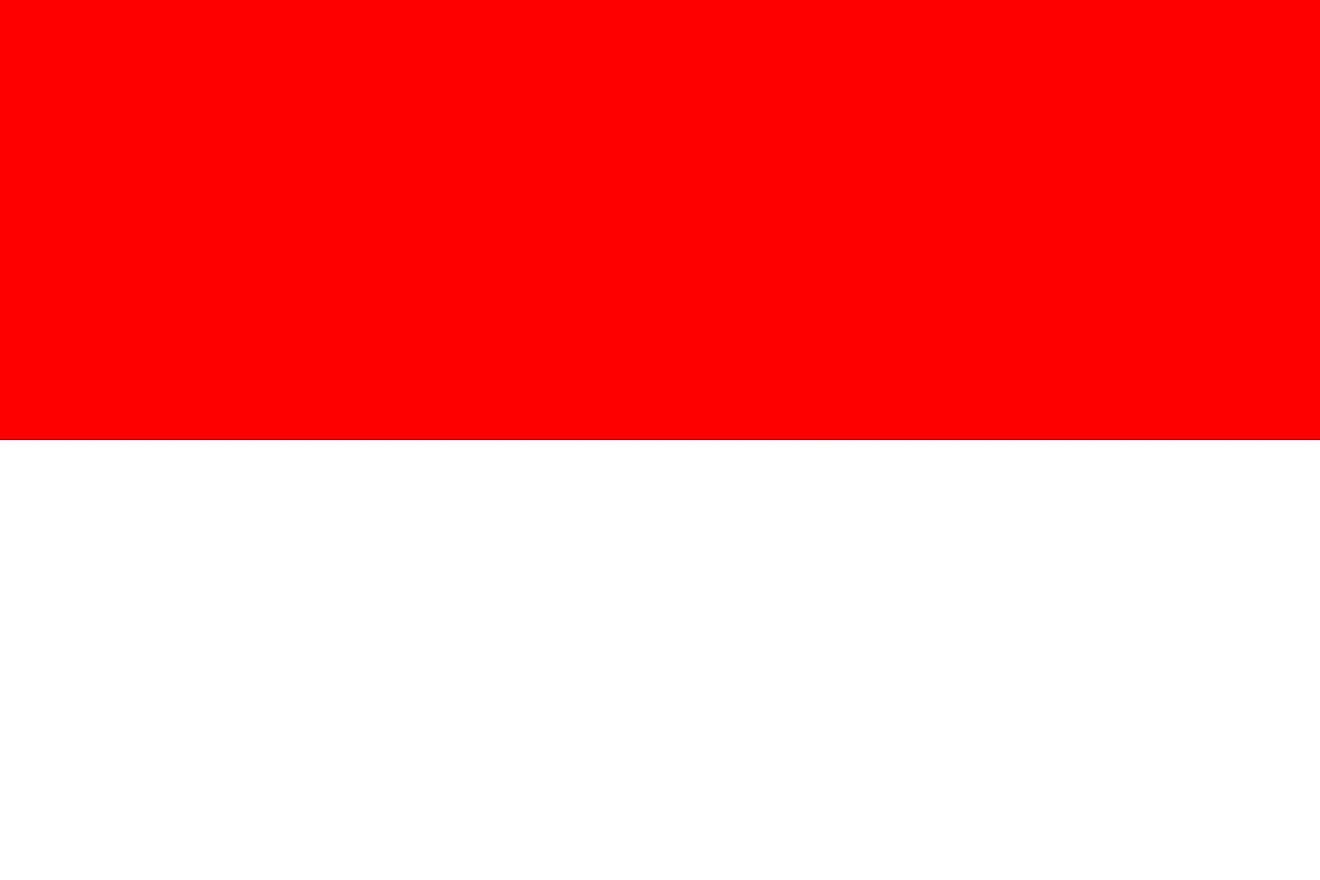 The national flag of Indonesia is a bicolor flag of red (top) and white equal horizontal bands. 