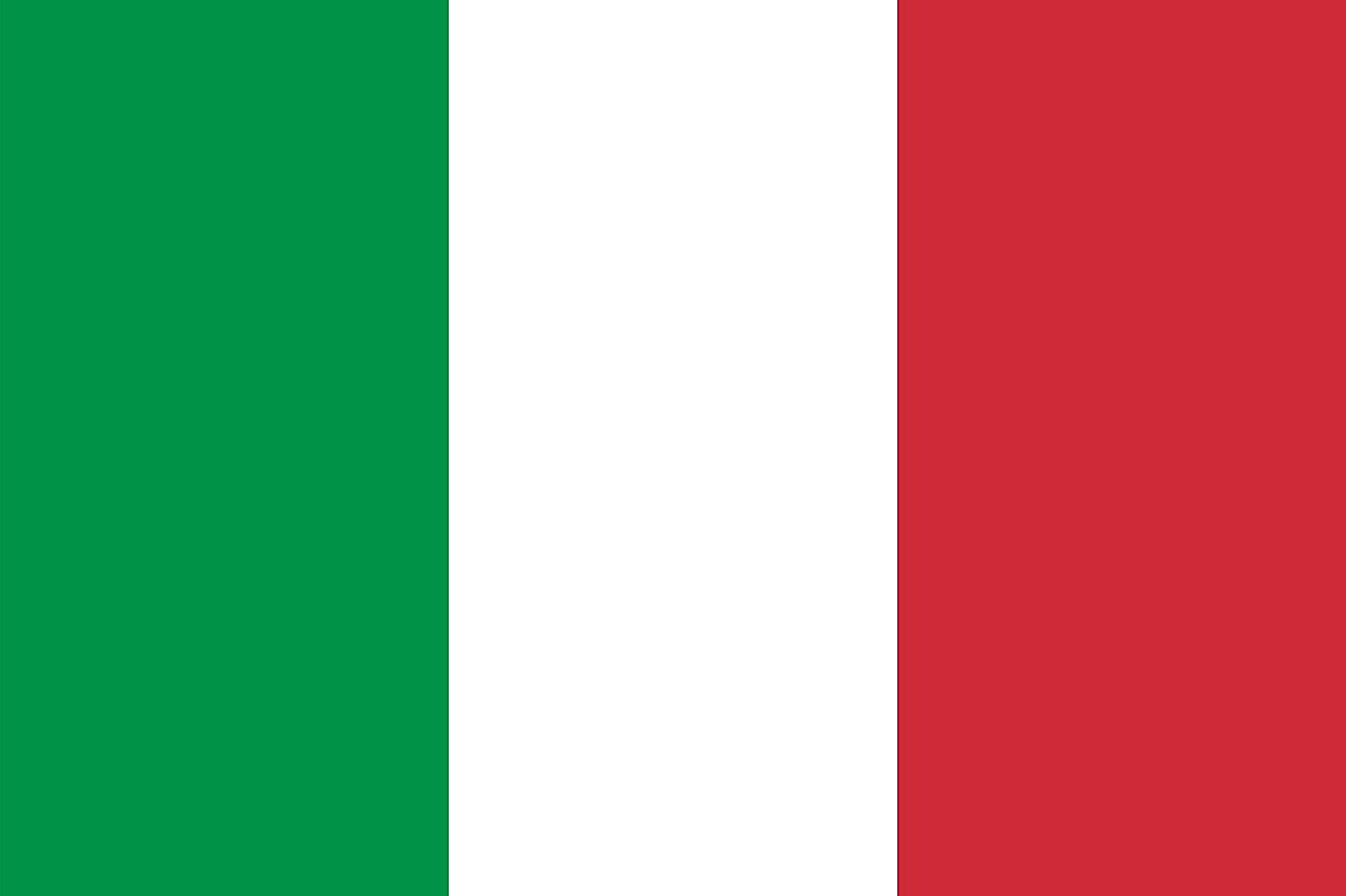 The national flag of Italy is a tricolor flag of green (hoist), white, and red equal vertical bands.