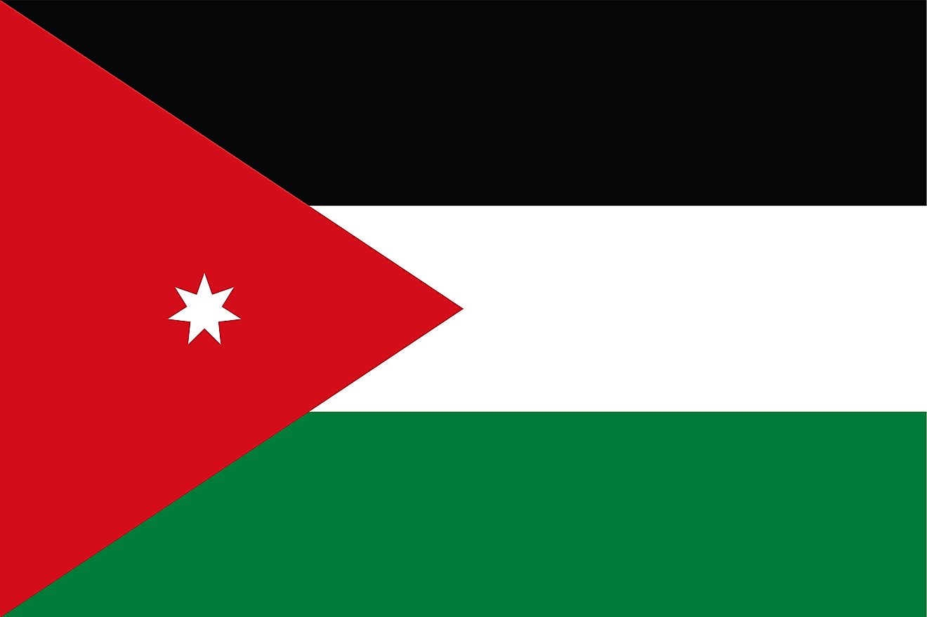 The flag of Jordan consists of three horizontal bands of black (top), white, and green and red chevron with base on the hoist side containing a white, 7-pointed star. 