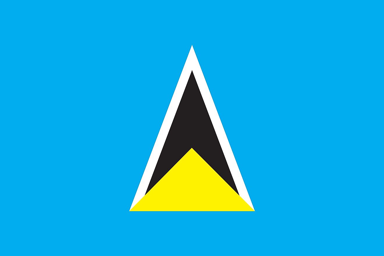 The flag of Saint Lucia consists of a cerulean blue with a golden triangle in front of white-edged black isosceles triangle.