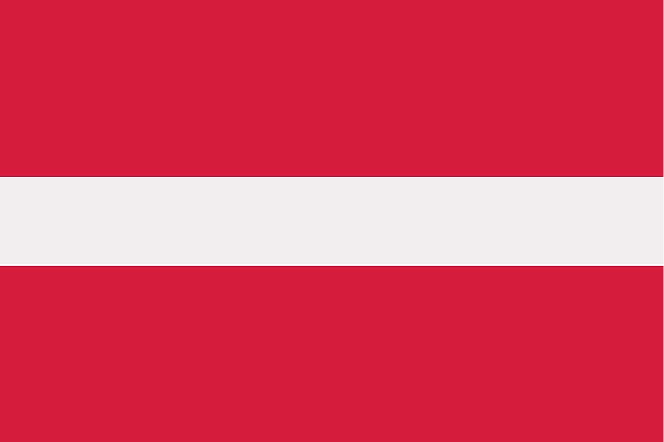 The flag of Latvia is a tricolor flag of three horizontal bands of carmine (top), white (half-width), and carmine.