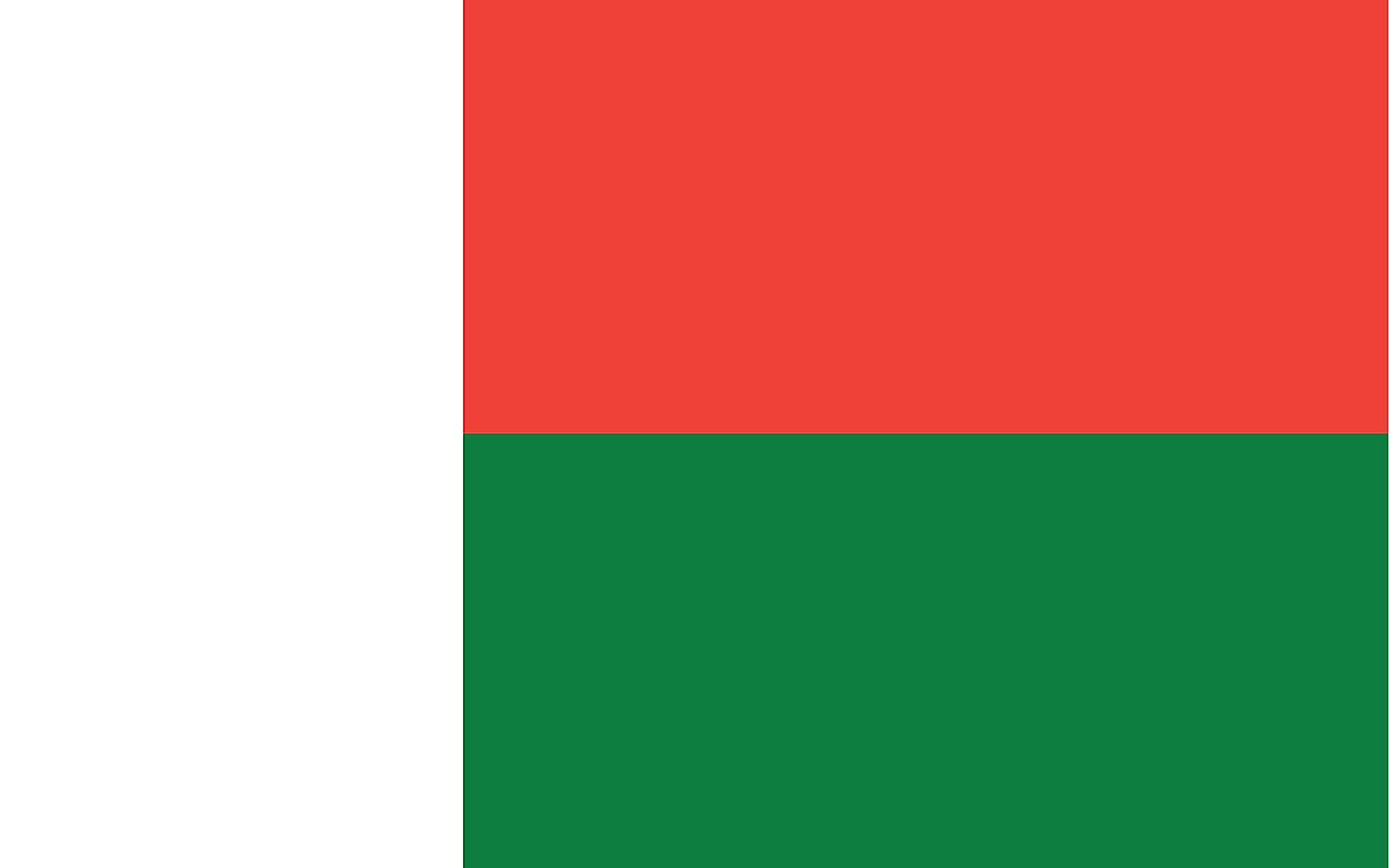 The flag of Madagascar is a tricolor flag of two horizontal bands of red (top) and green and a white vertical band on the hoist side. 
