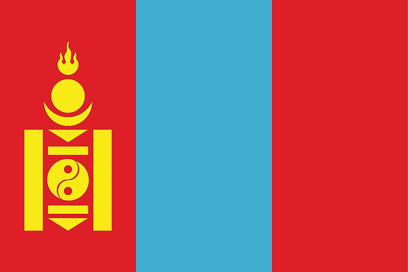 The flag of Mongolia consists of three, equal vertical bands of red (hoist side), blue, and red, with the national emblem centered on hoist-side red band.