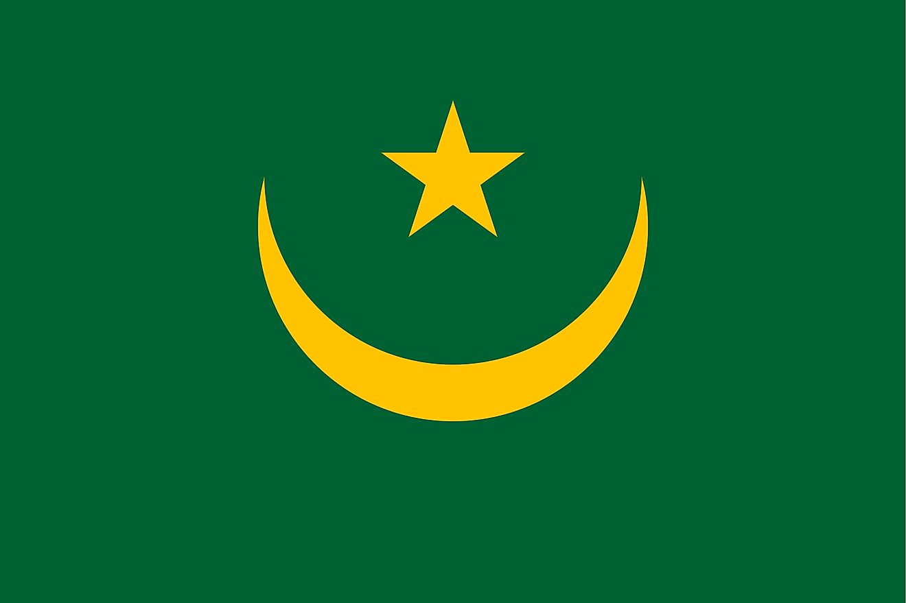 The flag of Mauritania consists upward facing gold crescent moon with five-pointed star between the horns on a green field with red stripe on top and at the bottom
