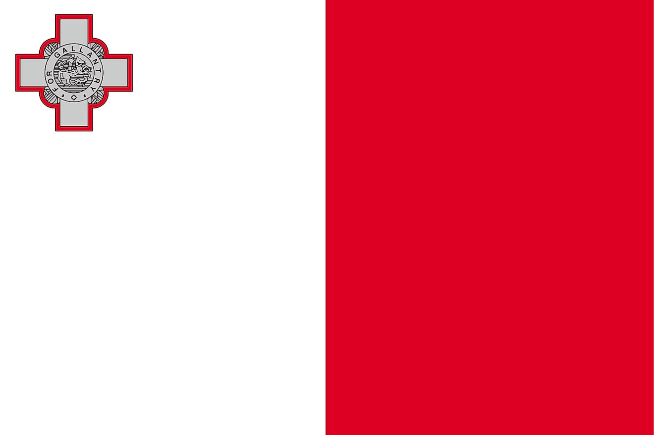The flag of Malta is a bicolor flag of two equal vertical bands of white (hoist) and red (fly) with George Cross of red edges on the upper hoist-side corner.