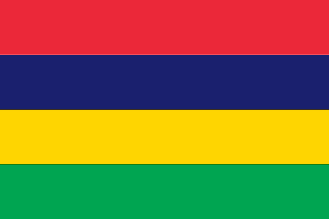The flag of Mauritius, also known as Four Band, consists of four equal horizontal bands of red (top), blue, yellow, and green.