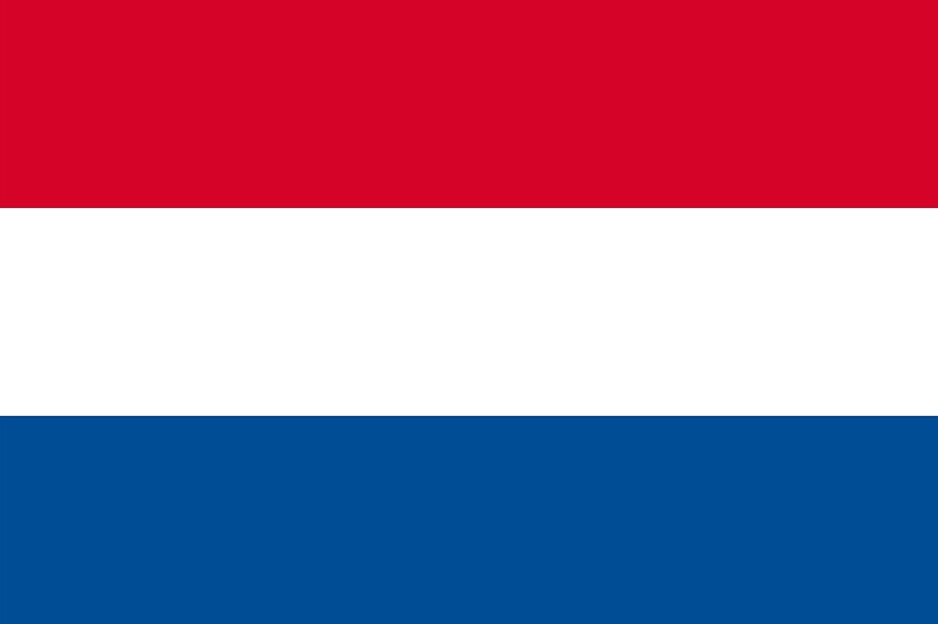 The national flag of the Netherlands is a tricolor of three equal horizontal bands of red (top), white, blue.