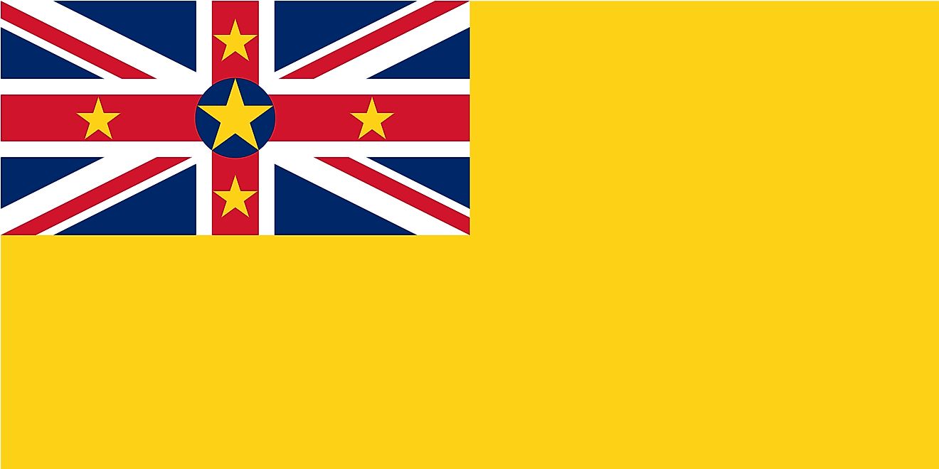 The National Flag of Niue features a golden yellow background with the flag of the United Kingdom (Union Jack) in the upper hoist-side quadrant. 