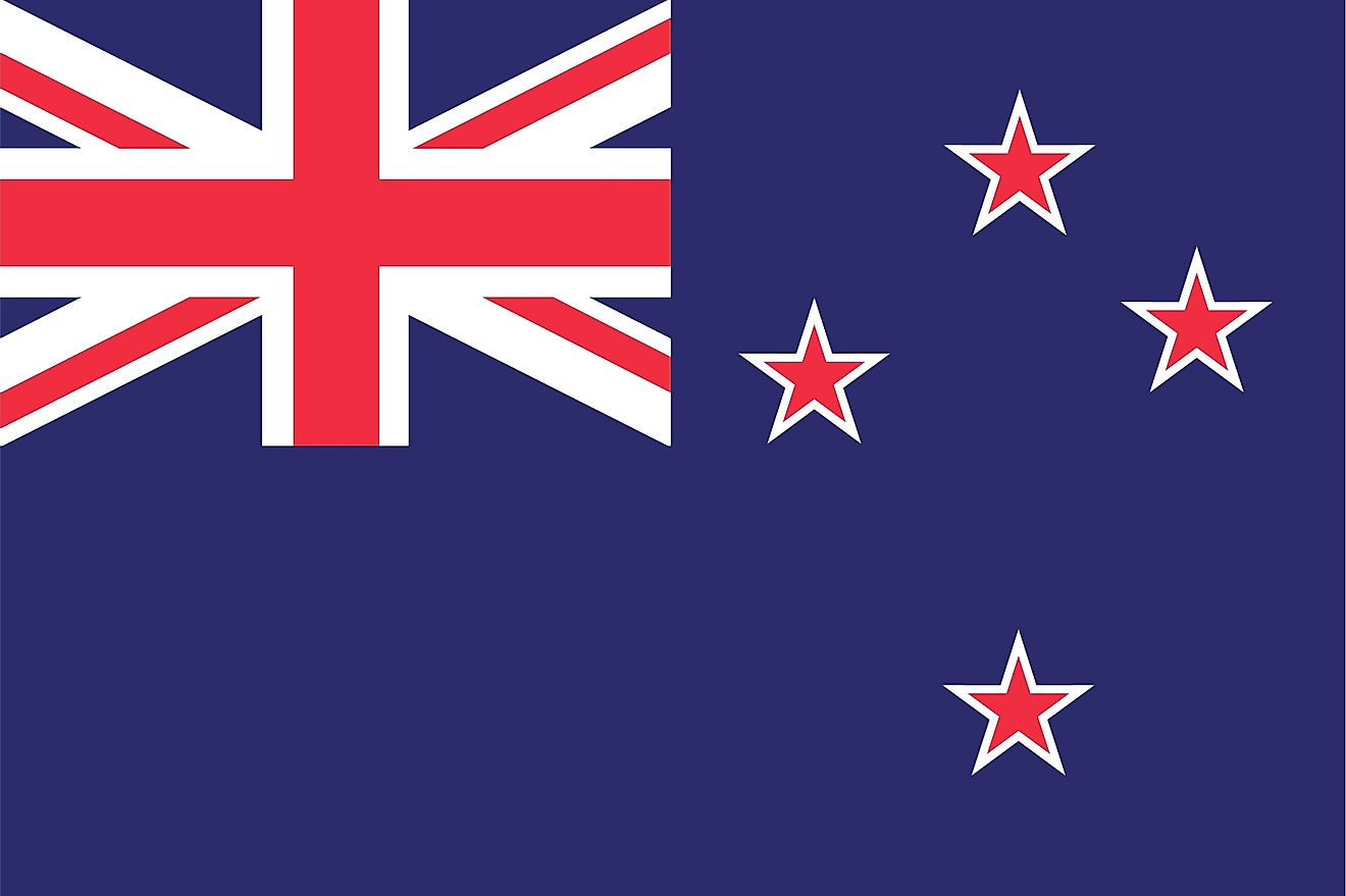 The flag of New Zealand consists of a blue field with Union Jack on the canton and four red stars centered on white stars. 