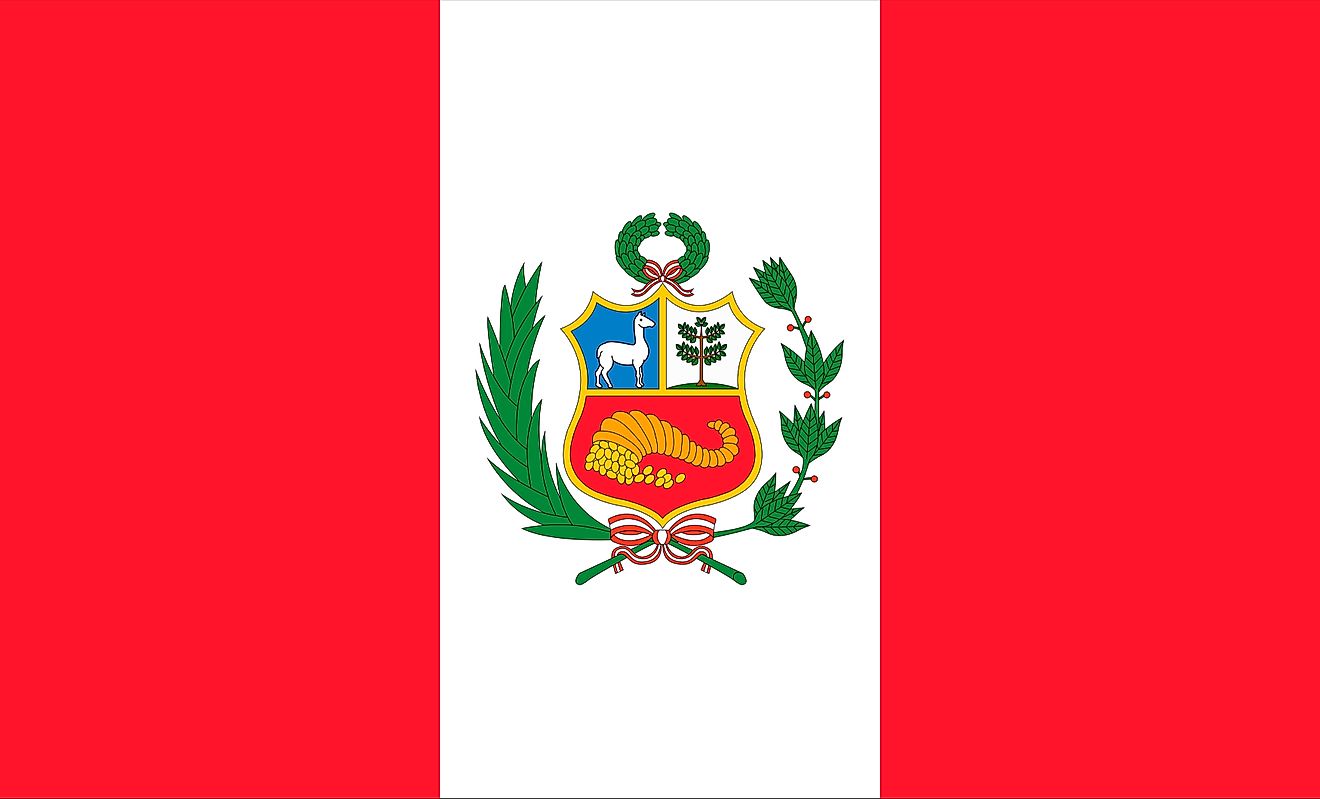 The national flag of Peru is a bicolor flag of three vertical stripes of red (hoist), white, and red, with the national emblem centered on white.