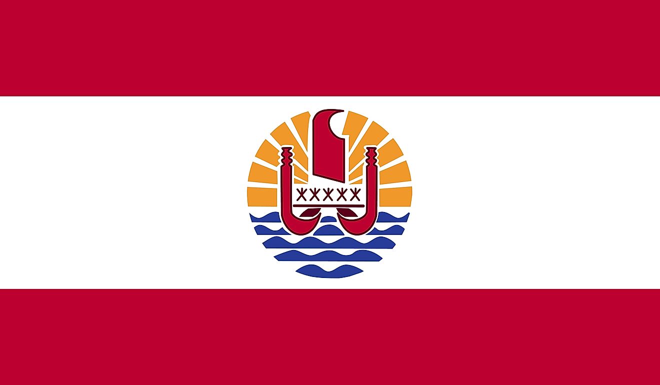 The Flag of French Polynesia is a rectangular tricolor featuring two red horizontal bands encasing a wide white band in a 1:2:1 ratio featuring the Coat of Arms in the central white band