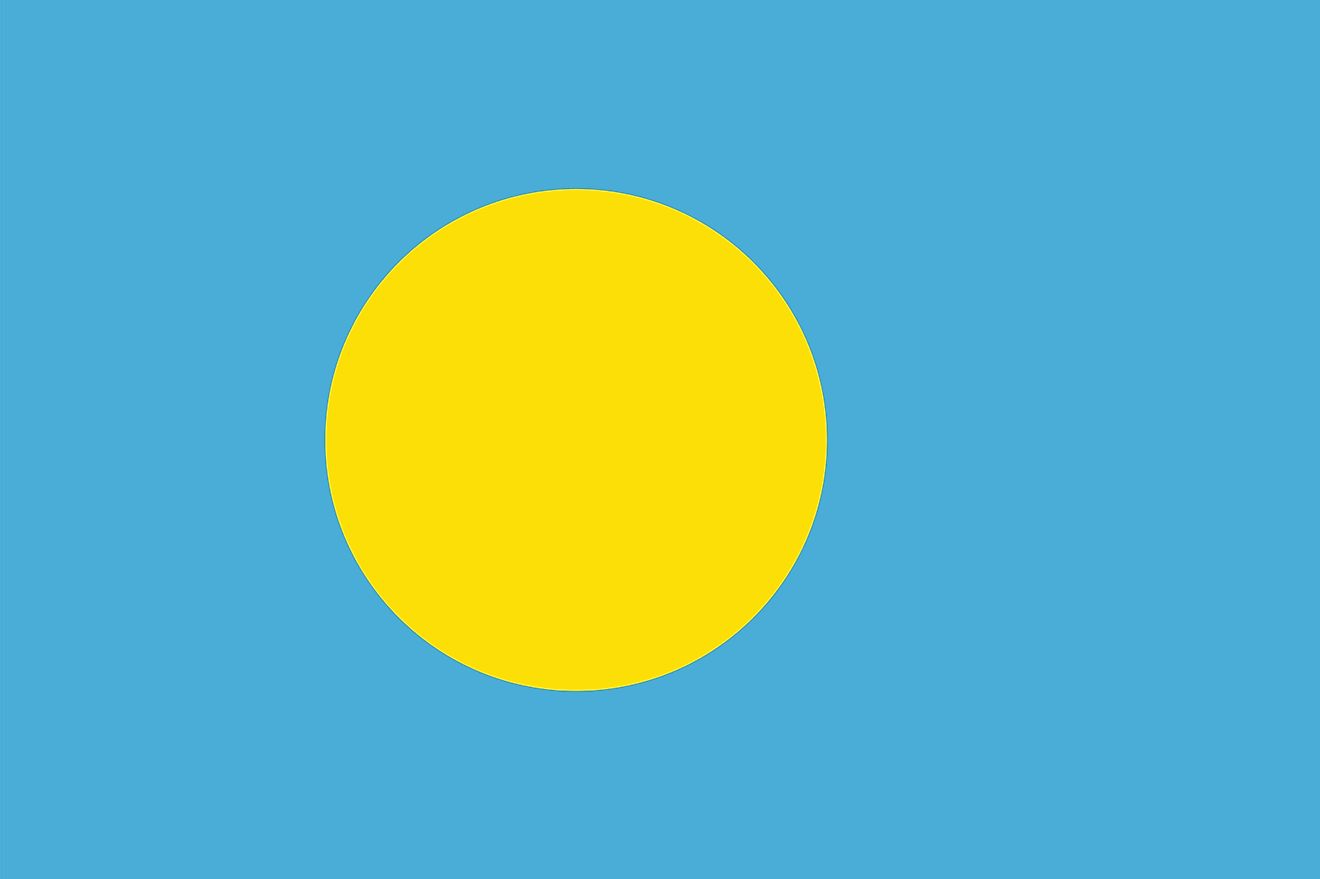 The national flag of Palau with a yellow disk representing the moon in a light blue background symbolizing the ocean.