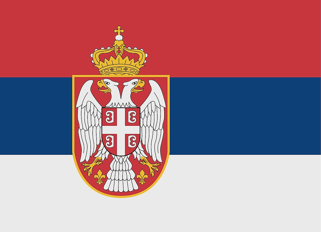 The National Anthem of Serbia features three equal horizontal stripes of the traditional Pan-Slavic colors - red (top), blue, and white; with the coat of arms placed towards the flag's hoist side