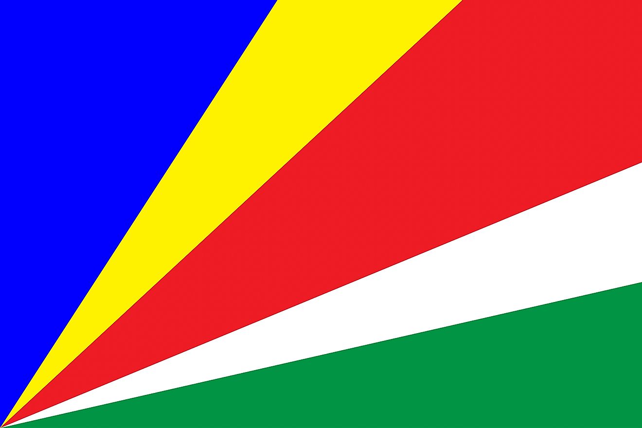 The National Flag of Seychelles features five oblique bands of blue (hoist side), yellow, red, white, and green (bottom) radiating from the lower corner of the flag towards the hoist side and then diverge as the move towards the other end.