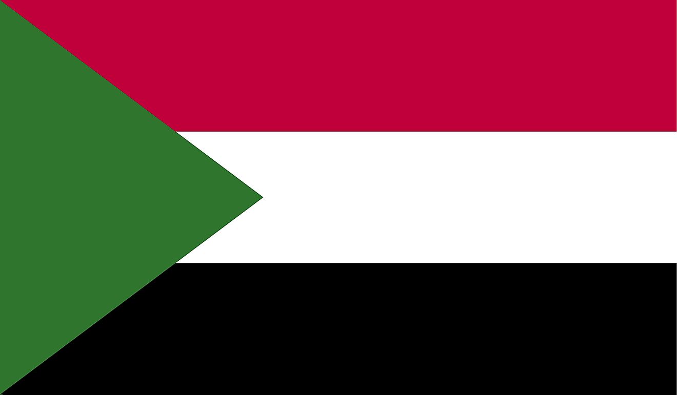 The National Flag of Sudan features three equal horizontal bands of red (top), white, and black with a green isosceles triangle based on the hoist side. 