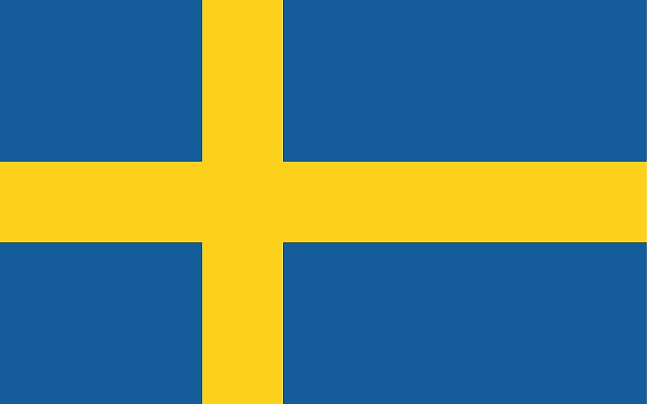 The National Flag of Sweden features a blue background with a golden yellow Nordic or Scandinavian cross extending to the edges of the flag. 