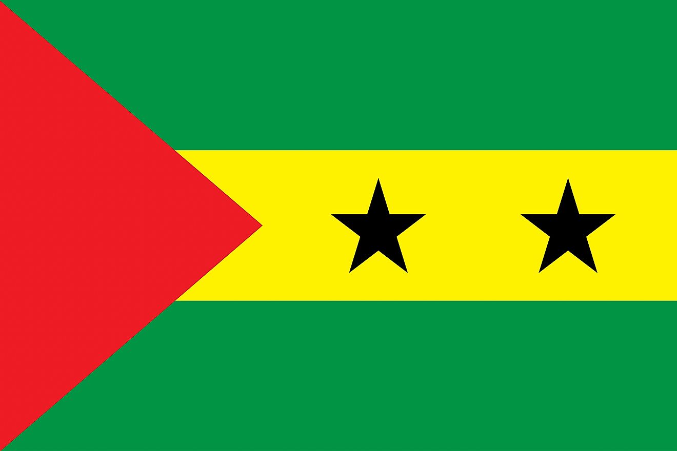 The National Flag of Sao Tome and Principe features three horizontal bands of the Pan-African colors:  green (top), yellow (double width), and green.
