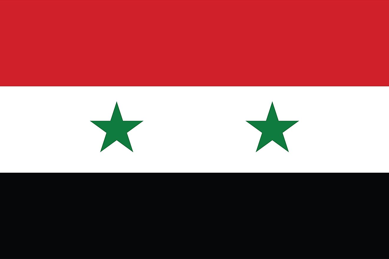 The National Flag of the Syrian Arab Republic features three equal horizontal bands of red (top), white, and black; with two small green stars centered on the white band.
