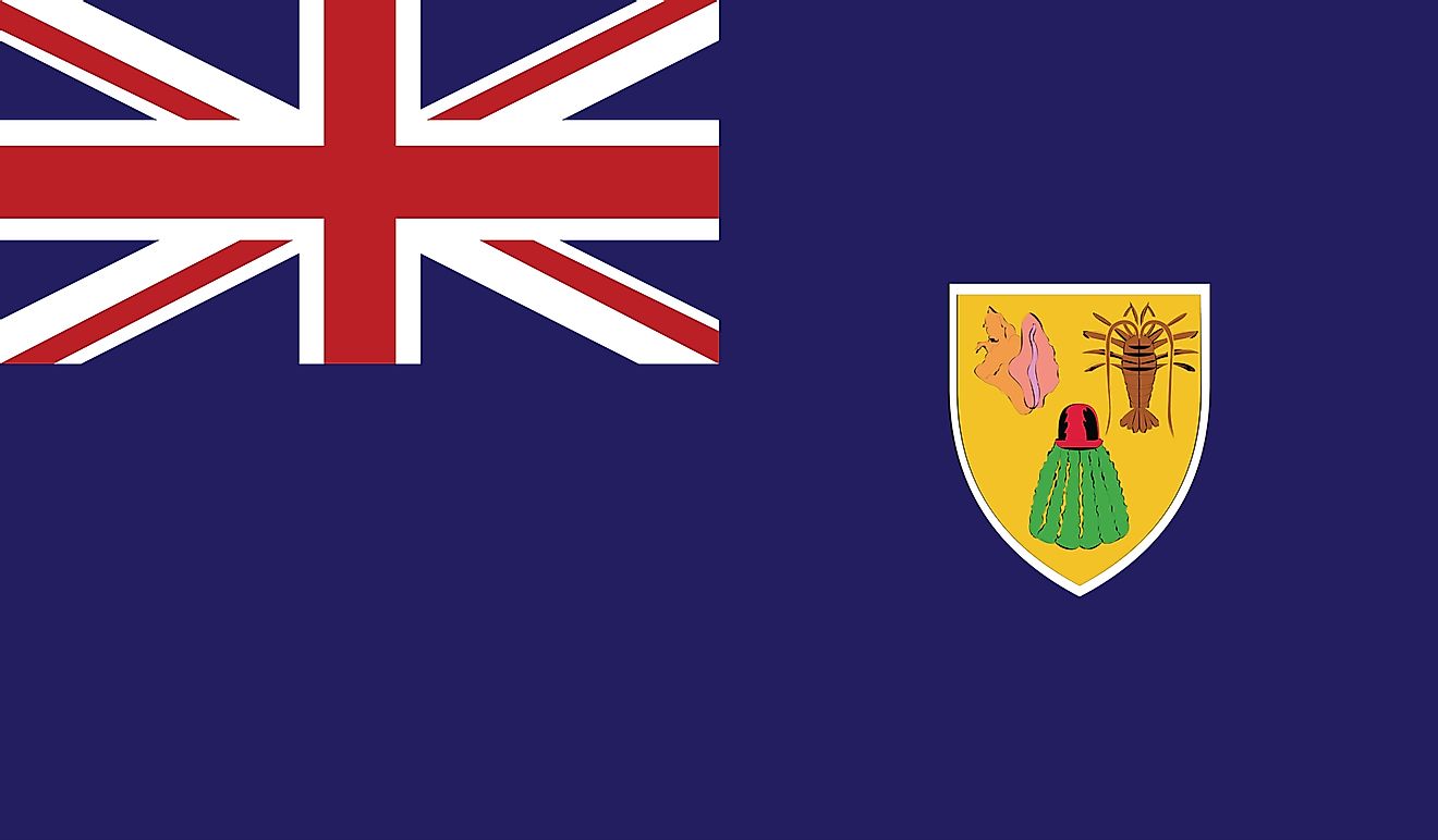 The Flag of Turks and Caicos Islands features a blue background with the flag of the United Kingdom (Union Jack) in the upper hoist-side quadrant and the colonial shield centered on the outer half of the flag.