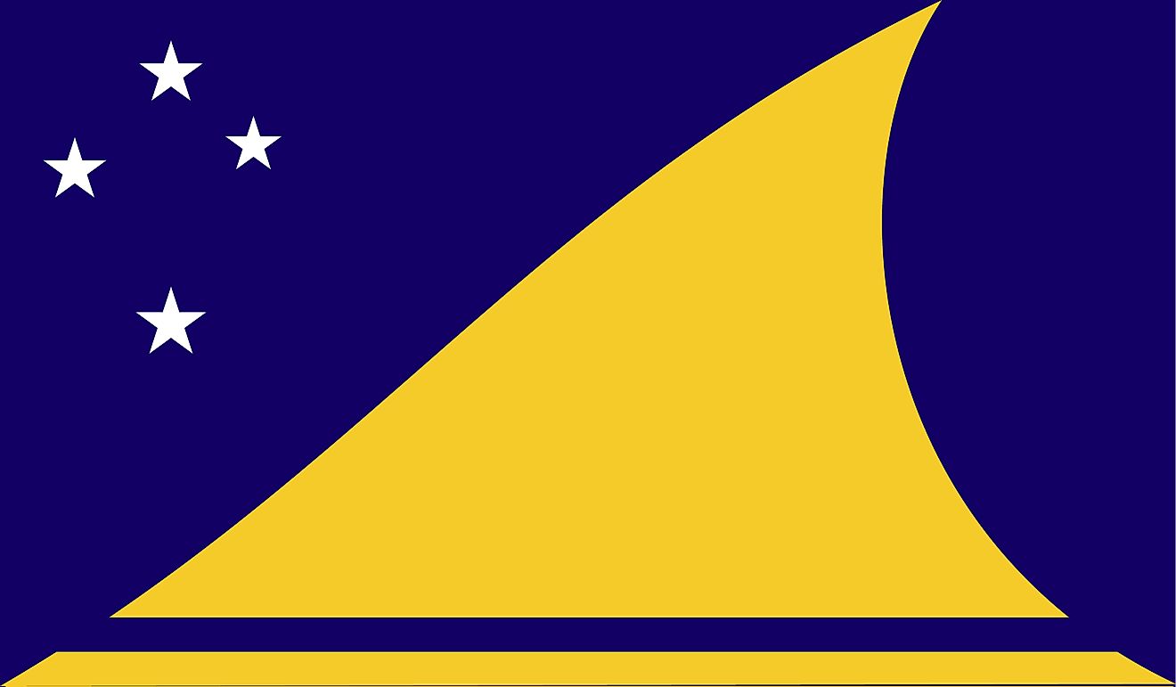 The flag of Tokelau showing a yellow canoe sailing towards the Southern Cross in a deep blue background.