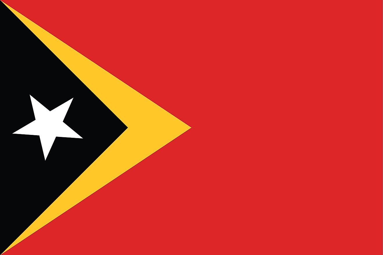 The national flag of Timor-Leste featuring a red field with a  black isosceles triangle with a white star on the hoist side superimposing a larger yellow triangle.