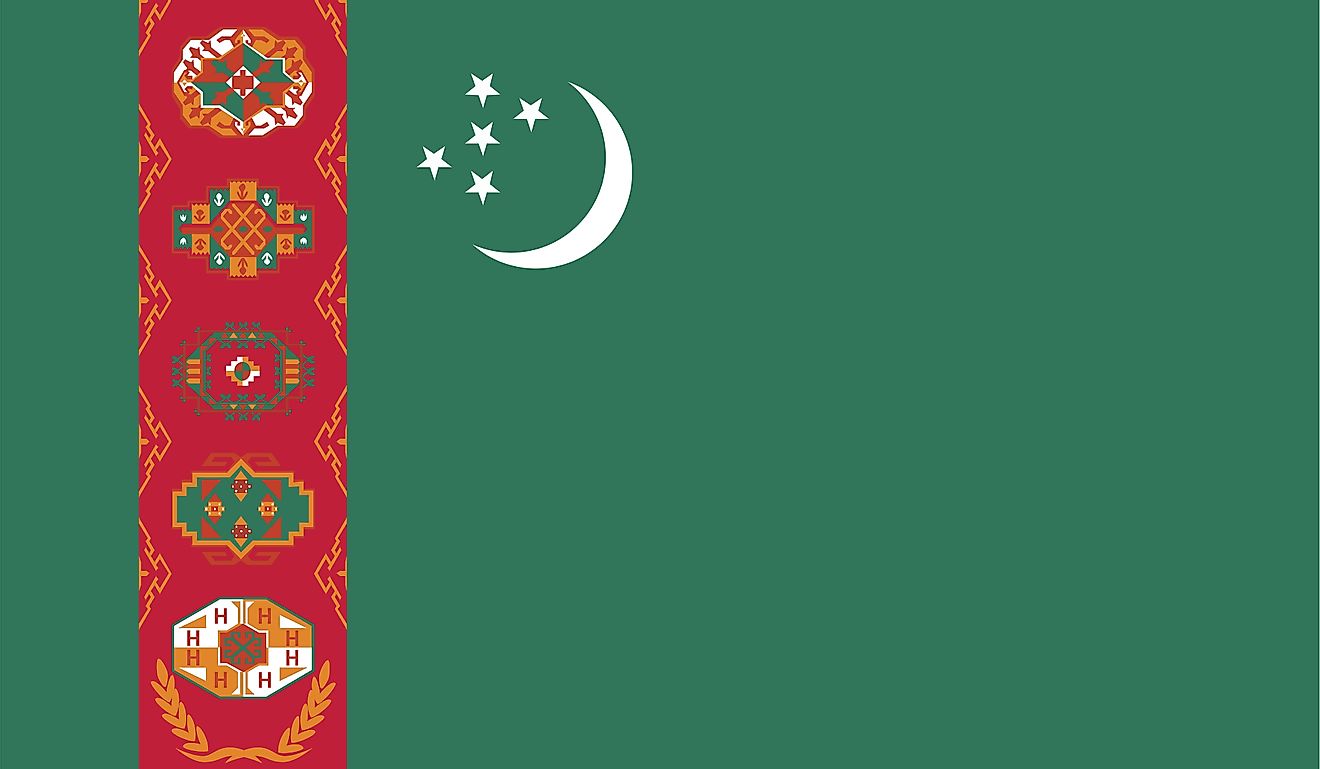 The National Flag of Turkmenistan features a green field with a red stripe placed vertically towards the hoist side of the flag.