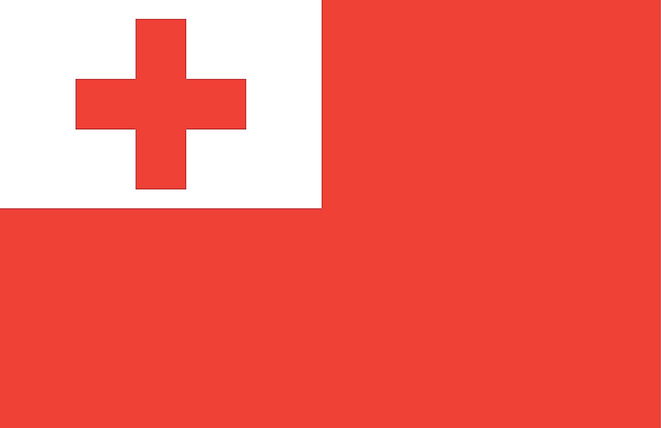 The National Flag of Tonga features a red background with a bold Greek red cross on a white rectangle in the upper hoist-side corner. 