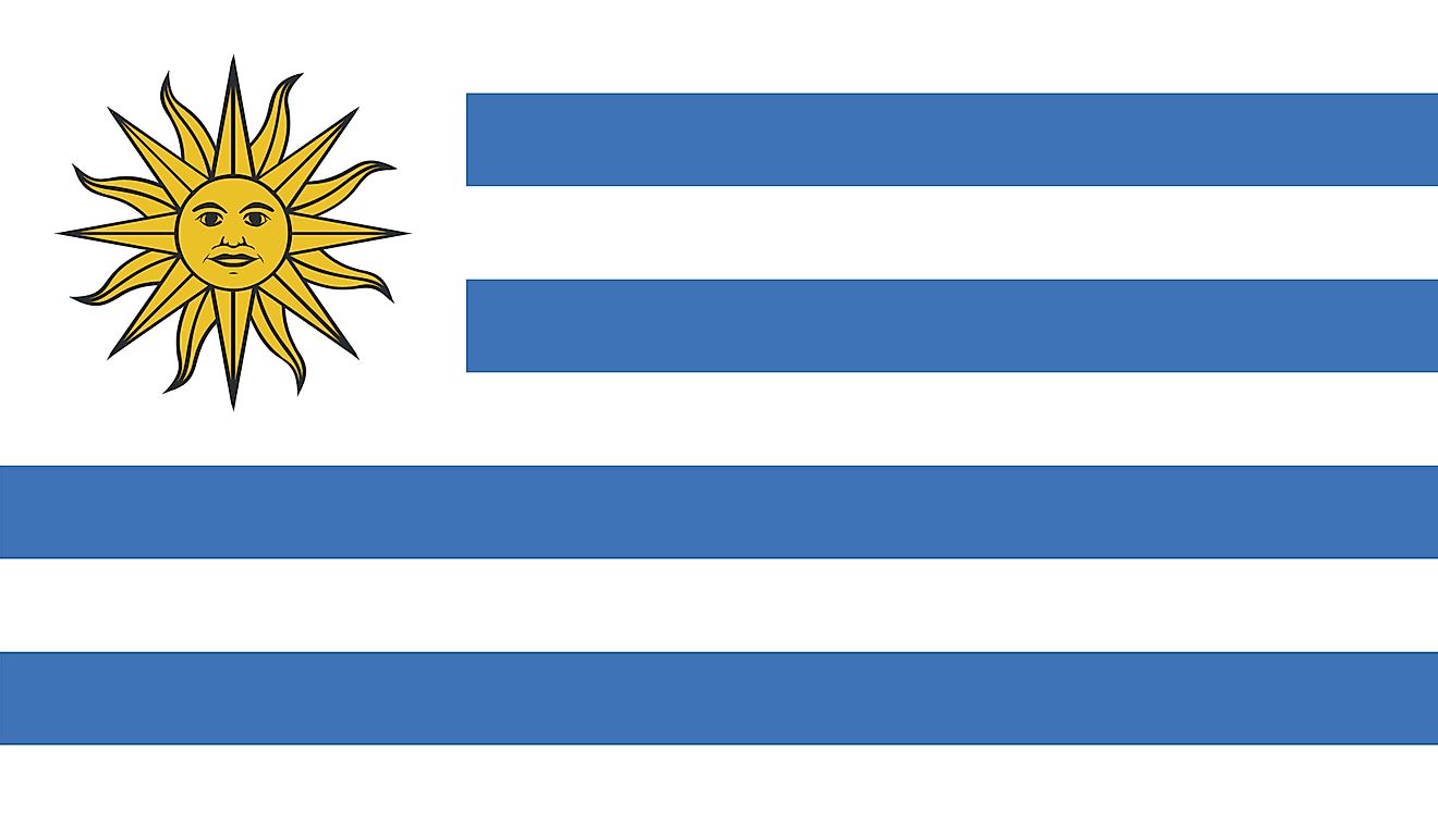 The National Flag of Uruguay features nine equal horizontal stripes of white (top and bottom) alternating with blue stripes and a white square placed in the upper hoist-side corner contains a yellow sun bearing a human face.