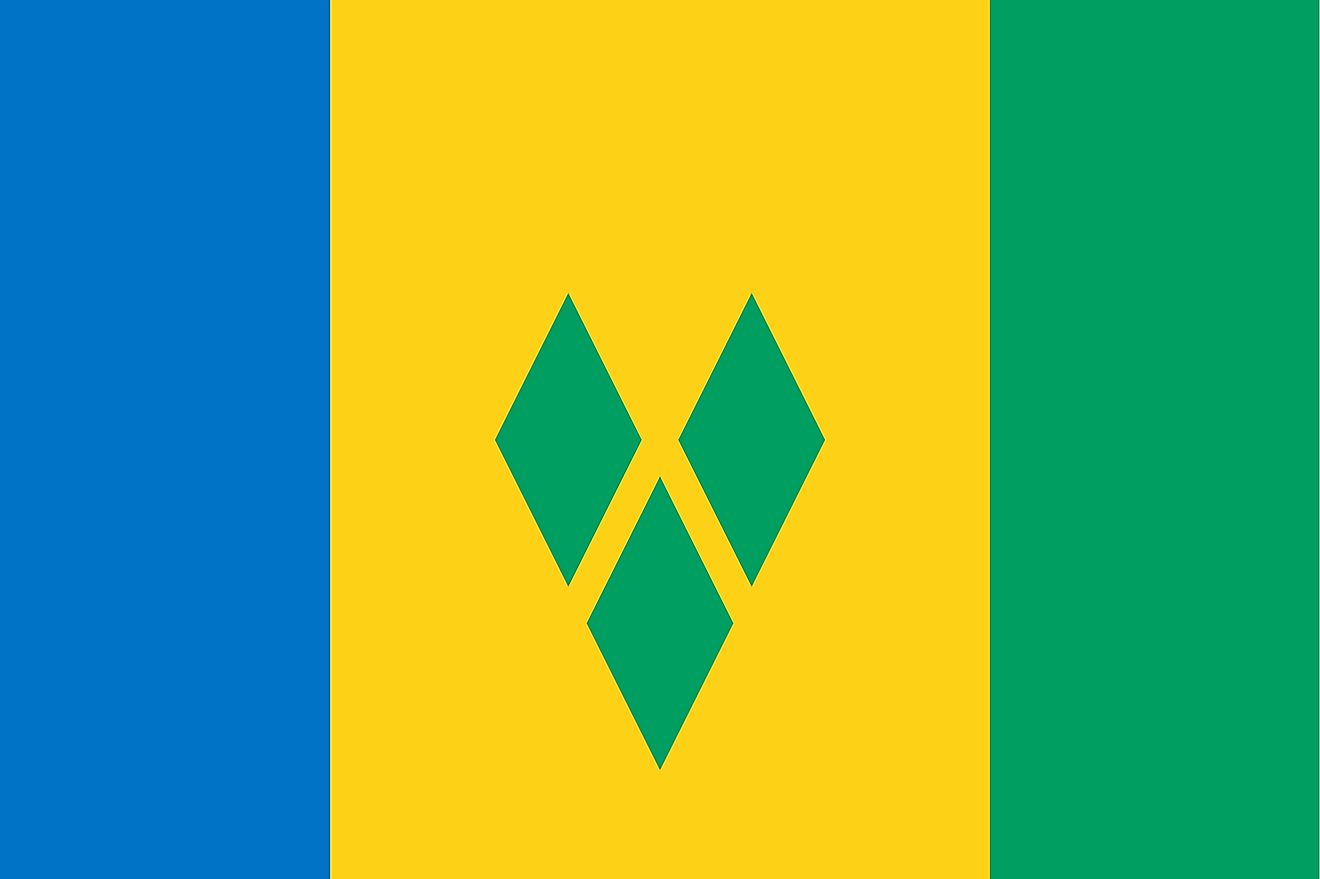 The National Flag of St. Vincent and the Grenadines is a vertical tricolor and features three vertical bands of blue (hoist side), gold (double width), and green, with three green diamonds arranged in a V pattern on the gold band.