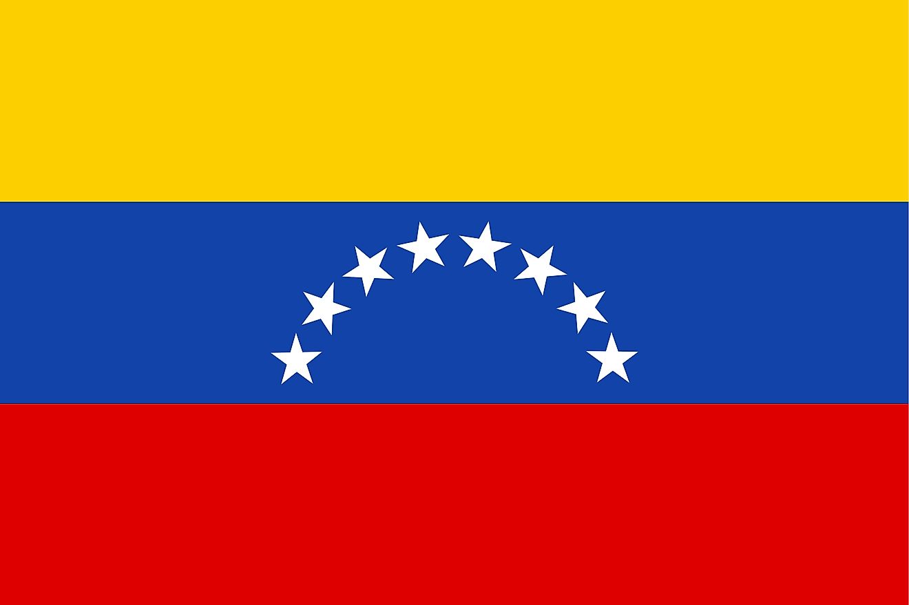 The National Flag of Venezuela featured three equal horizontal bands of yellow (top), blue, and red; with the coat of arms on the hoist side of the yellow band and an arc of eight white five-pointed stars centered in the blue band. 