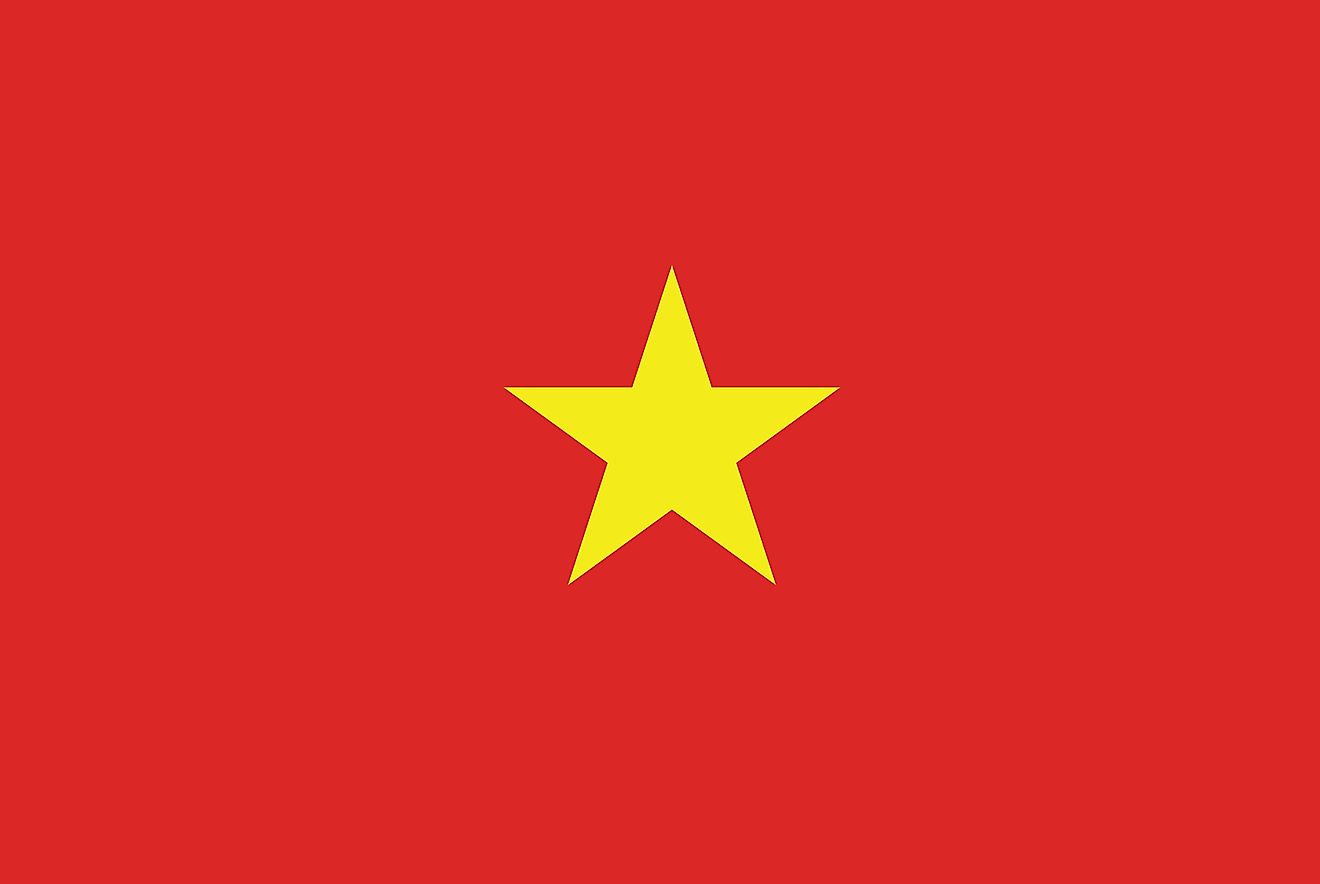 The National Flag of Vietnam features a red background with a large yellow five-pointed star placed in the center.