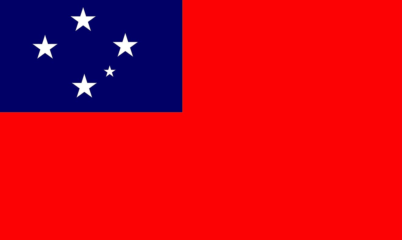 The national flag of Samoa featuring a red field with a blue rectangle in the canton with five white stars.