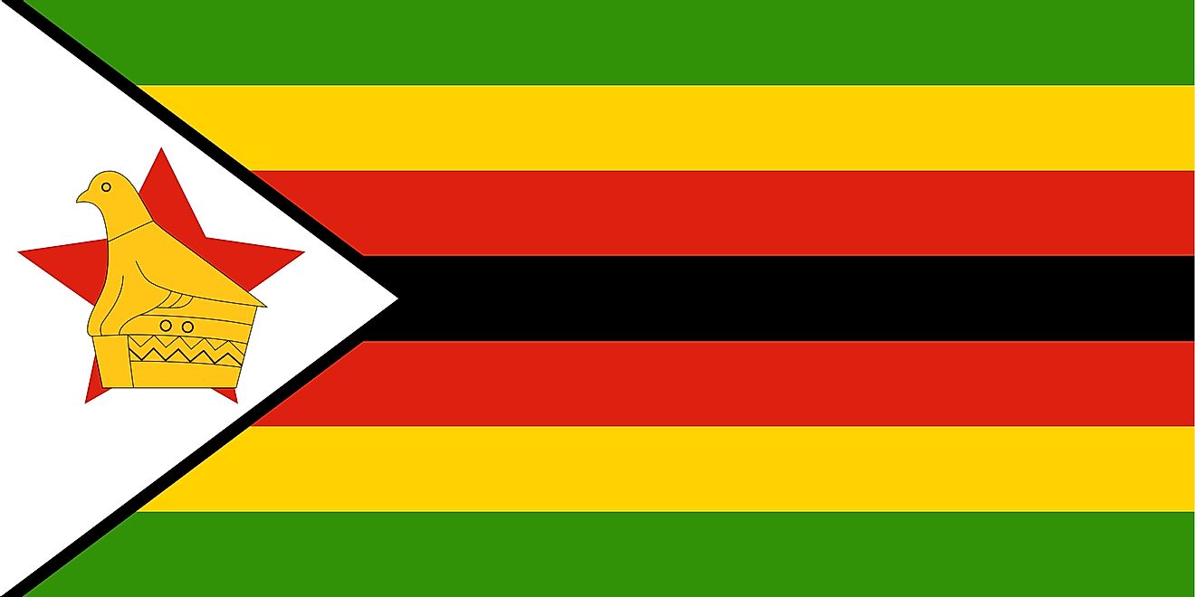 The National Flag of Zimbabwe features seven equal horizontal bands of green (top), yellow, red, black, red, yellow, and green with a white isosceles triangle edged in black with its base on the hoist side and containing a yellow Zimbabwe bird superimpose