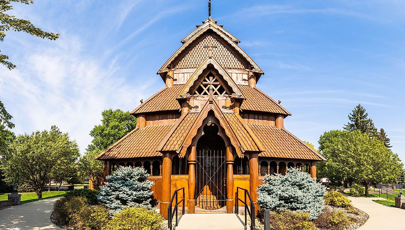  Stave church in Minot, North Dakota, designed with architecture reminiscent of traditional Norwegian structures.