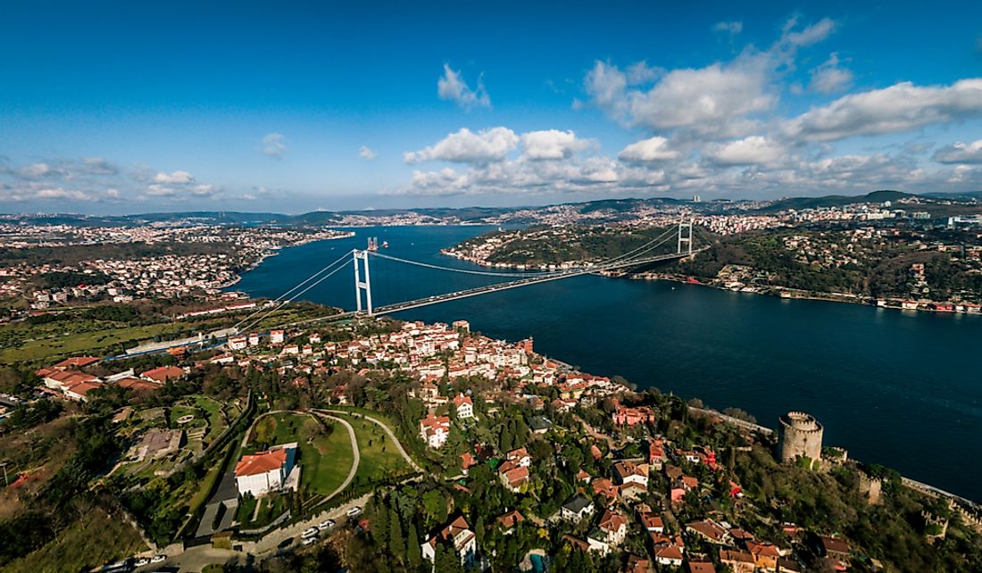 The city of Istanbul on either side of the Bosphorus Strait.